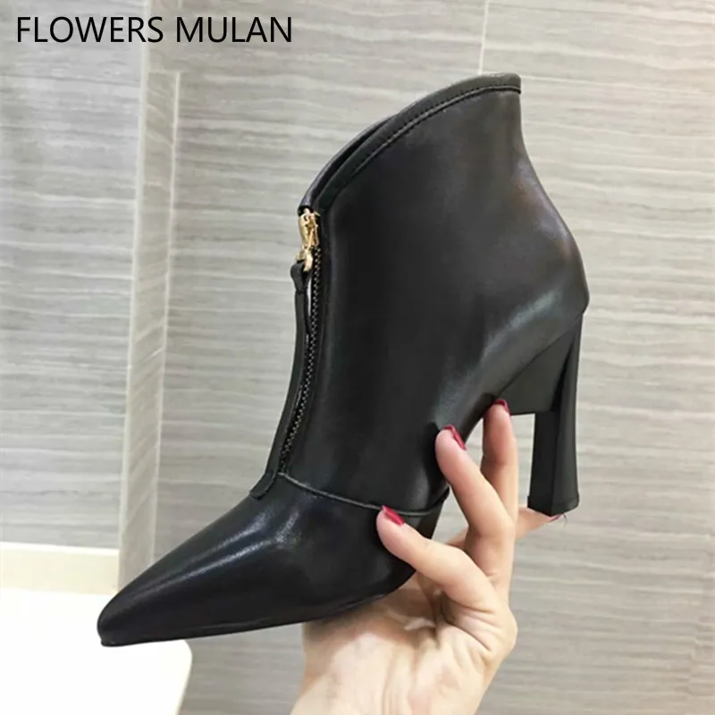 

New Arrival Brand Name Black Real Leather Women Ankle Boots Pointed Toe Sewing Front Zipper Strange Heel Bare Botas Ladies Shoes