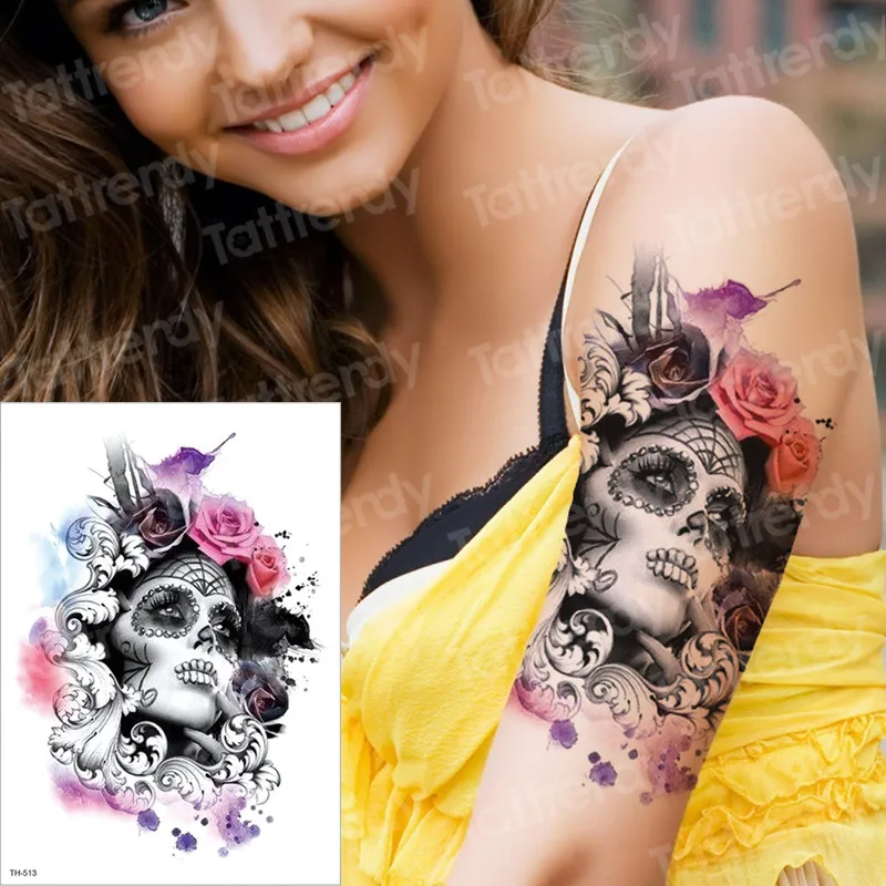 Tattoo Sleeves Arm Skull Makeup Watertransfer Lasting Long Tattoo Temporary Waterproof One Piece Tattoo 3d Girl Face Tatoo Women Temporary Tattoos Aliexpress