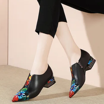 

Genuine Leather Full Grain Cow Med Rivet Heels Mature Pointed Toe Pumps Women Handmade Flower Print Casual Footwear Woman Shoes