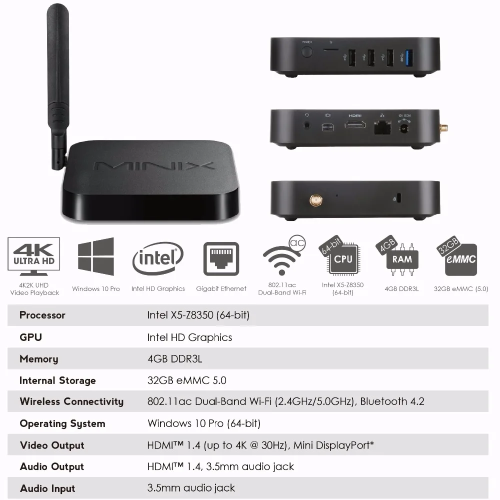 MINIX NEO Z83-4 Pro MINI PC Intel oficial de Windows 10 Pro Mini PC Intel Atom x5-Z8350 4 GB/32 GB con MINI PC portátil de montaje VESA MINIX NEO Z83-4 Pro MINI PC Intel oficial de Windows 10 Pro Mini PC Intel Atom x5-Z8350 4 GB/32 GB con MINI PC portátil de montaje VESA