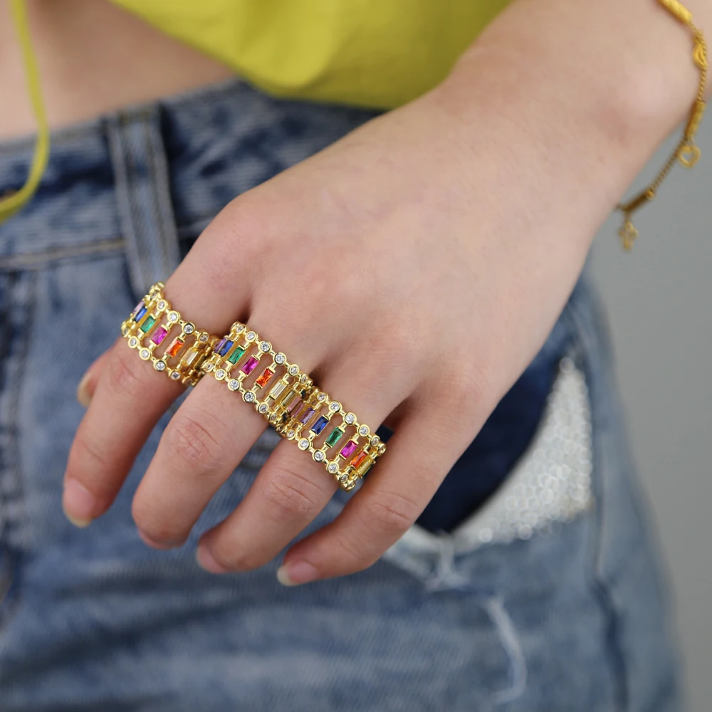 

Rainbow cz finger ring Gold color baguette green blue red cubic zirconia stacking minimal luxury fashion lovely gorgeous jewelry