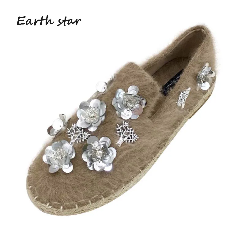 

Shoes Women Bling Flats Lady chaussure Glitter Female footware Flock String Bead Silp On Sequin Loafer Flower sapato feminino