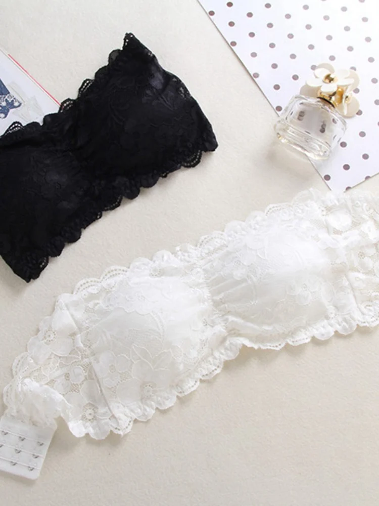 

Sexy Padded Lace Strapless Bras for Women Push Up Solid Color Chest Wrap Boob Tube Tops White Black Crop Top 2019 New Arrival
