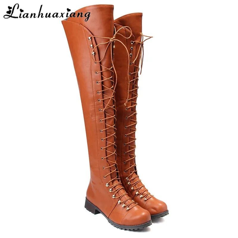 

Lianhuaxiang 2018 High Martin Boots Women Zipper Low Heels Over The Knee Lace Up Cool Motorcycle Boots Hot Botas Slim 7N0074