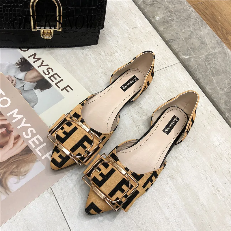 

New 2019 Autumn Fashion Women's Pointed Toe Metal Buckle Flat Shoes Soft Leather Shallow Mouth Woman Ballet Flats Loafers