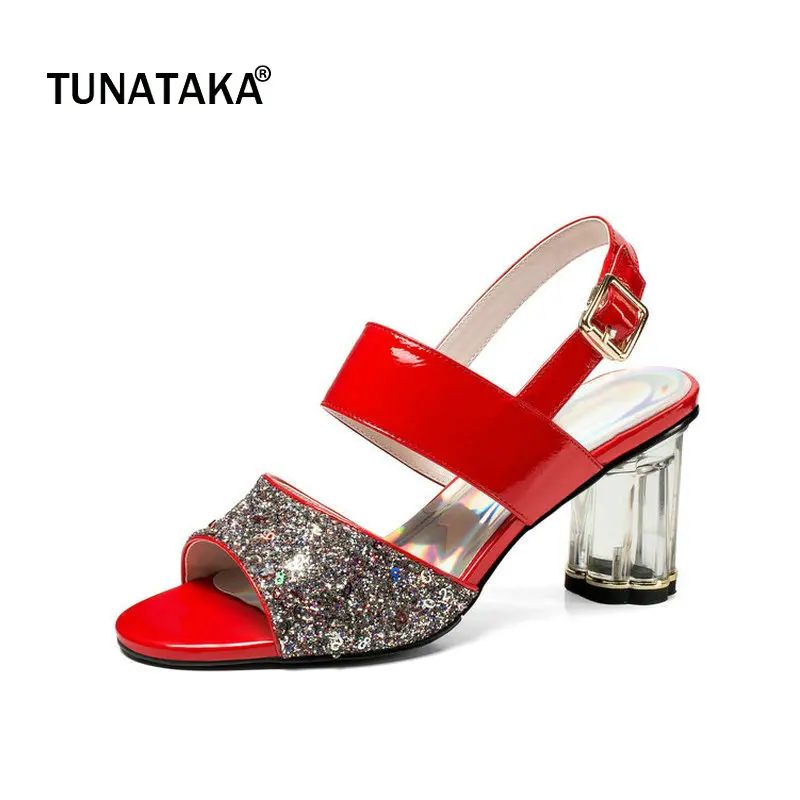 

Genuine Leather Square High Heel Open Toe Woman Sandals Fashion Buckle Dress High Heel Shoes Woman Red White