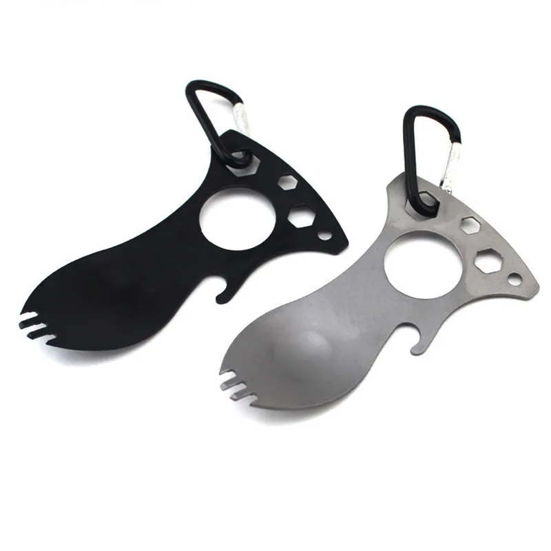 

Outdoor Multi-purpose Camping Spoon Stainless Steel Tableware Portable Picnic Fork Spoon Tableware with Hanging Bottle Opener