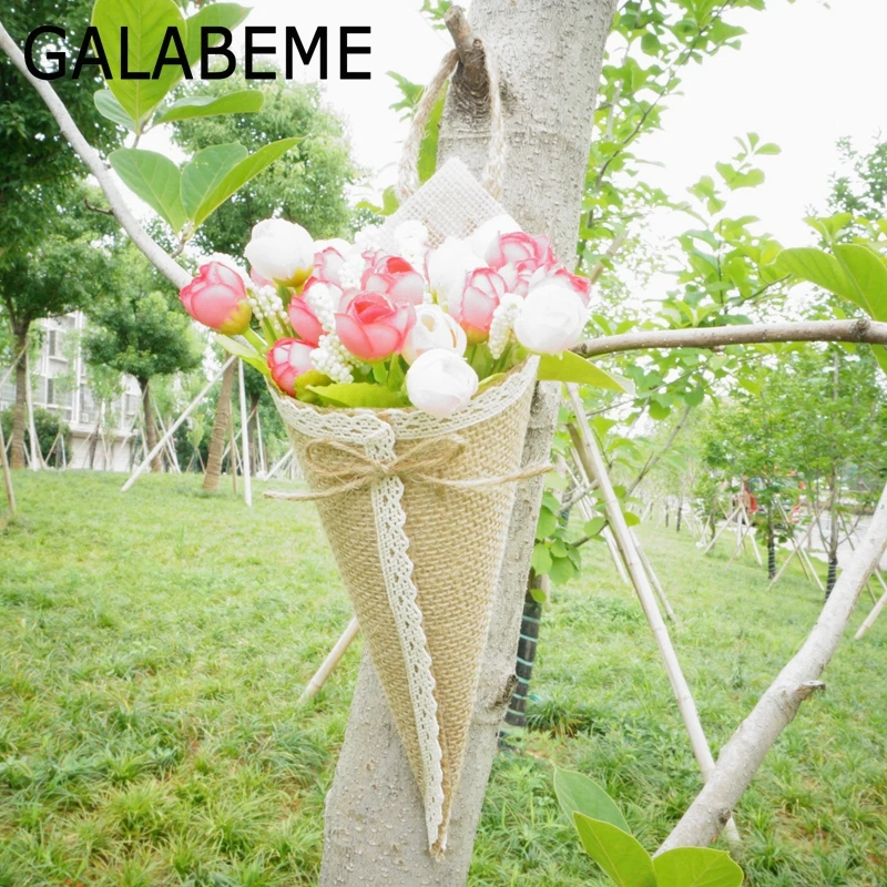 Galabeme 10pcs/lot burlap jute Hessian Pew Cone Flower Holder Organizer