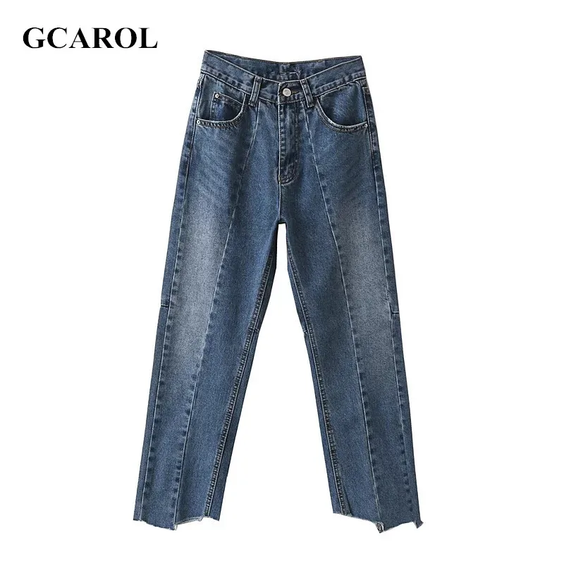 

GCAROL Women Euro Style Asymmetric Ankle Length Jeans High Waist Straight Cutting Light Wash Denim Pants For 4 Season