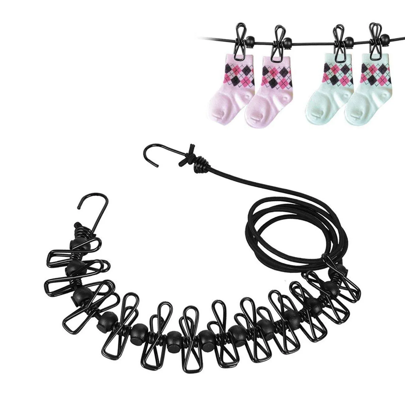 

2 pieces flexible buckle clothesline with 12 coated hooks and positioning, movable elastic 185-360 cm for travel, outdoor camp