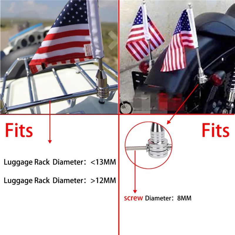 WISENGEAR Chrome Vertical Flag Pole Mount American USA Flag Holder For Harley Touring Sportster 1200 Honda Goldwing CB VTX CBR Luggage Rack (4)