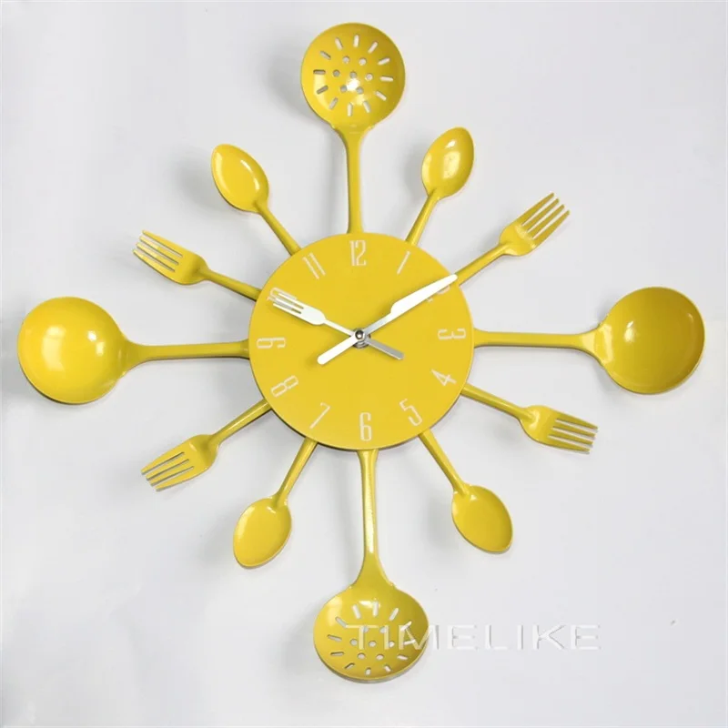 Новые модные серебряные кухонные часы классные дизайнерские настенные часы Reloj металлические ложки Spork форма настенные закрепляемые часы Horloge Murale - Цвет: Цвет: желтый
