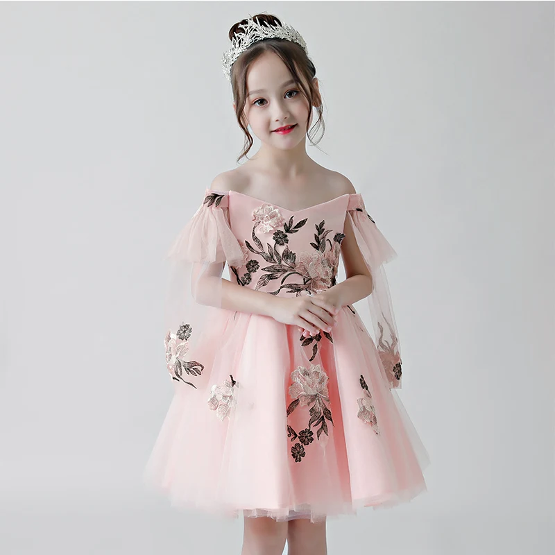 

Toddler Kids Birthday Wedding Party Ball Gown Shoulderless Short Dress Summer New Baby Children Dance Tutu Pageant Dress For3~13