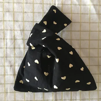 

YILE Handmade Black Corduroy Wristlet Wrist Bag Wrap Knot Print White Heart 81031d