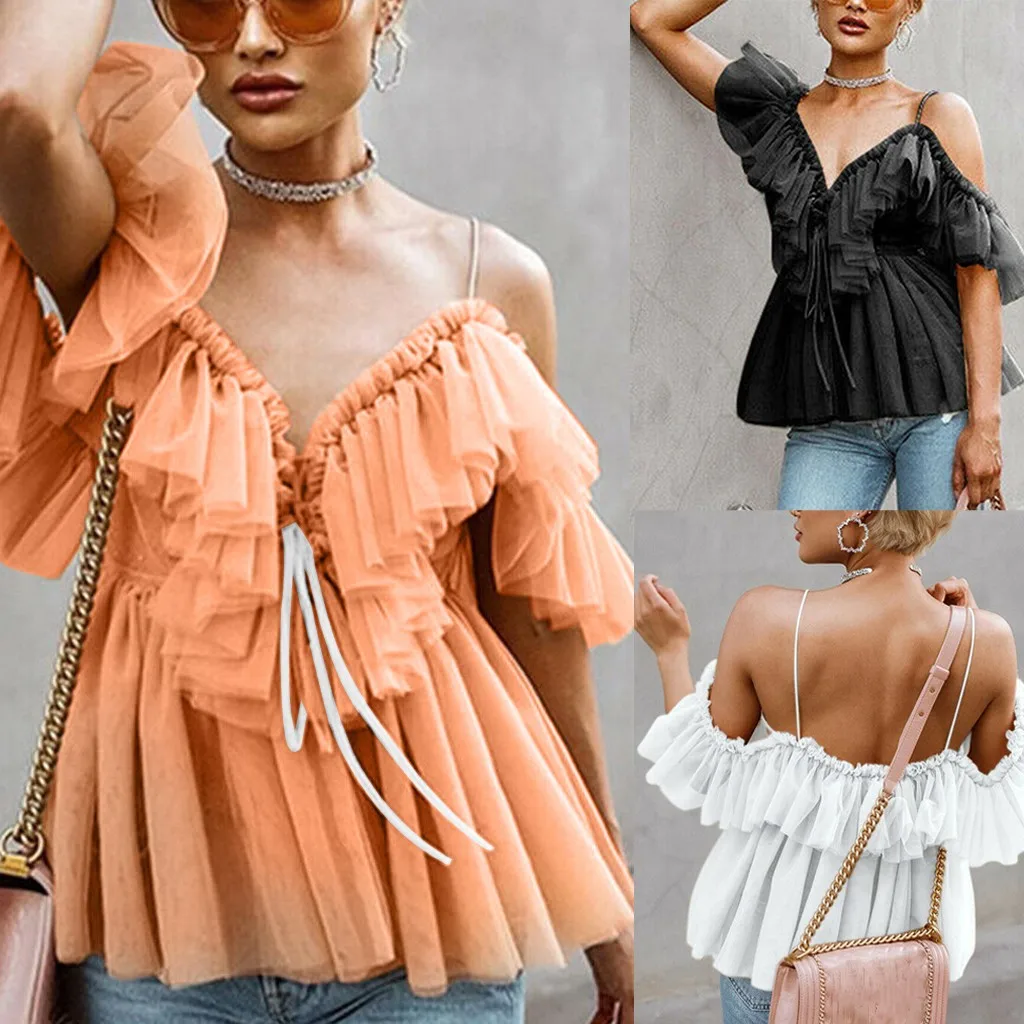 

women's blouses summmer fashion V Neck Strappy Tops Ruffle Frill Sexy Ladies Off Shoulder blusas mulher elegantes camisas mujer