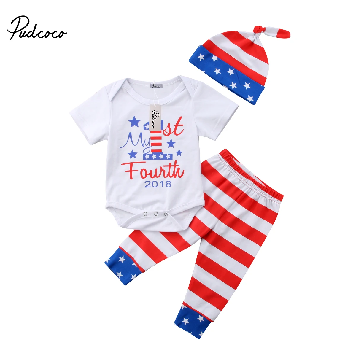 

2018 My 1st FOURTH Newborn Toddler Kid Baby Boy Girl Jumpsuit Romper Striped Printed Pants Hat 3Pcs Outfits Clothing Sets 0-24M