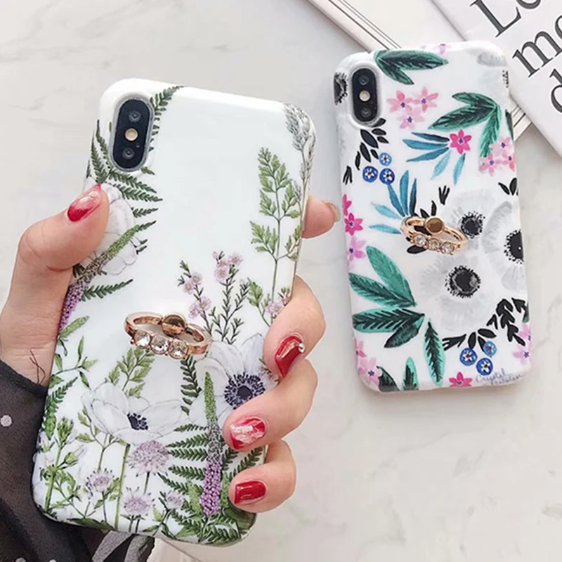 

Luxury Shell Texture Flower Case For iPhone 8 Cover XR XS Max X 8 7 Plus 6S Plus Soft IMD Finger Ring Floral Phone Back Cover