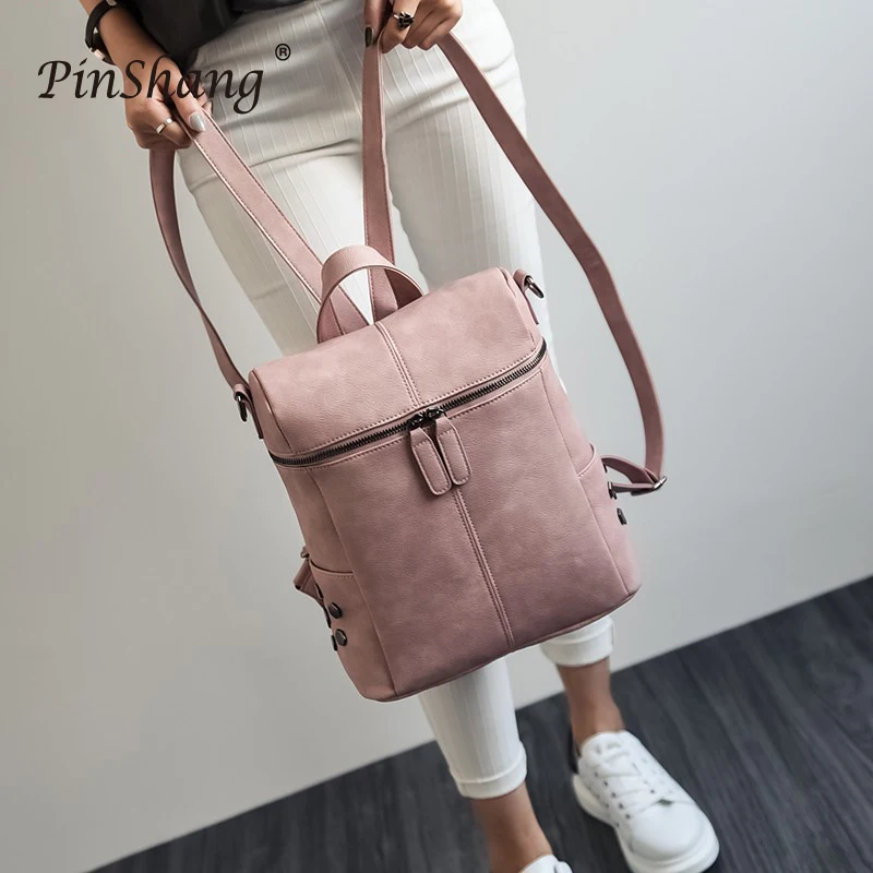 

lady's PU Leather Backpack Rivets Bag Casual Simple Double Shoulder Student Backpack Fashionable Large Capacity Travel Bag ZK29