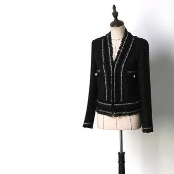 

Brand Designer 2019 Spring Autumn Women V-neck Short Tweed Coats Pearls Lurex Long Sleeve Stripe Black Jackets Coat Y091