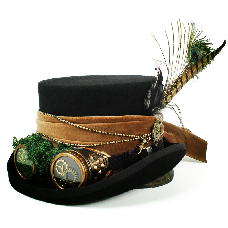 

Top Hat 15CM 4 Size Wool Women Men Top Fedora Hat Magician Steampunk With Handwork Gear Glasses Cosplay Punk Party Caps