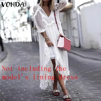 

VONDA 2020 Summer Lace Dress Women Sexy V-Neck Polka Dot Hollow Asymmetrical Hem Dresses Plus Size Party Vestidos Femme Robe