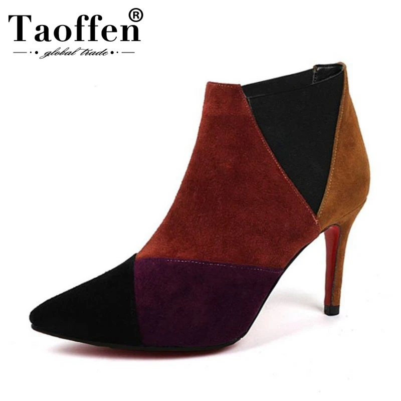 

TAOFFEN Botas Mujer Newest Mixed Color Real Leather Ankle Boots Women High Heels Chelsea Boots Sexy Pointed Toe Shoes Size 34-42