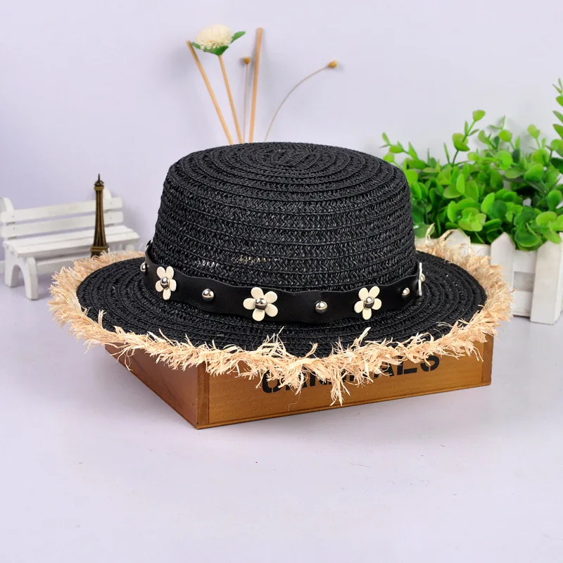 HSS Лидер продаж+ соломенная шляпа с плоским верхом на лето и весну, женские кепки для путешествий, пляжные шляпы от солнца с жемчугом для отдыха с буквой M, дышащие модные цветочные шляпы - Цвет: Black003