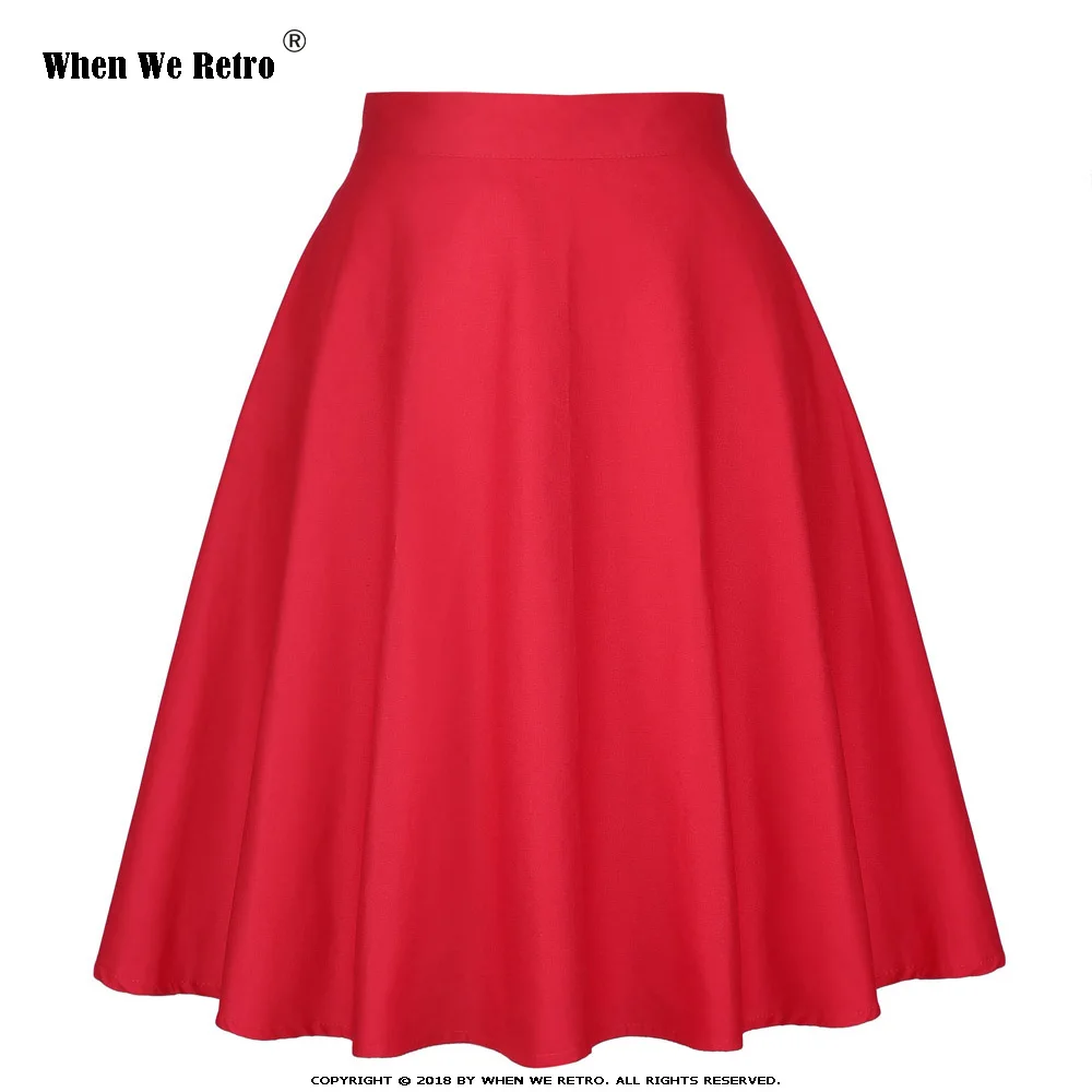 

When We Retro Women Solid Color Red Skirts Vintage A-line Midi Skirt Elastic Summer Skater Ladies High Waist Casual Skirts