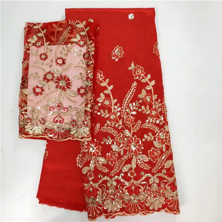 Красный нигерийский Джордж шелковая ткань с кружевом расшитые блестками свадебные кружева индийские африканские Красные Блестки Джорджи кружевной материал