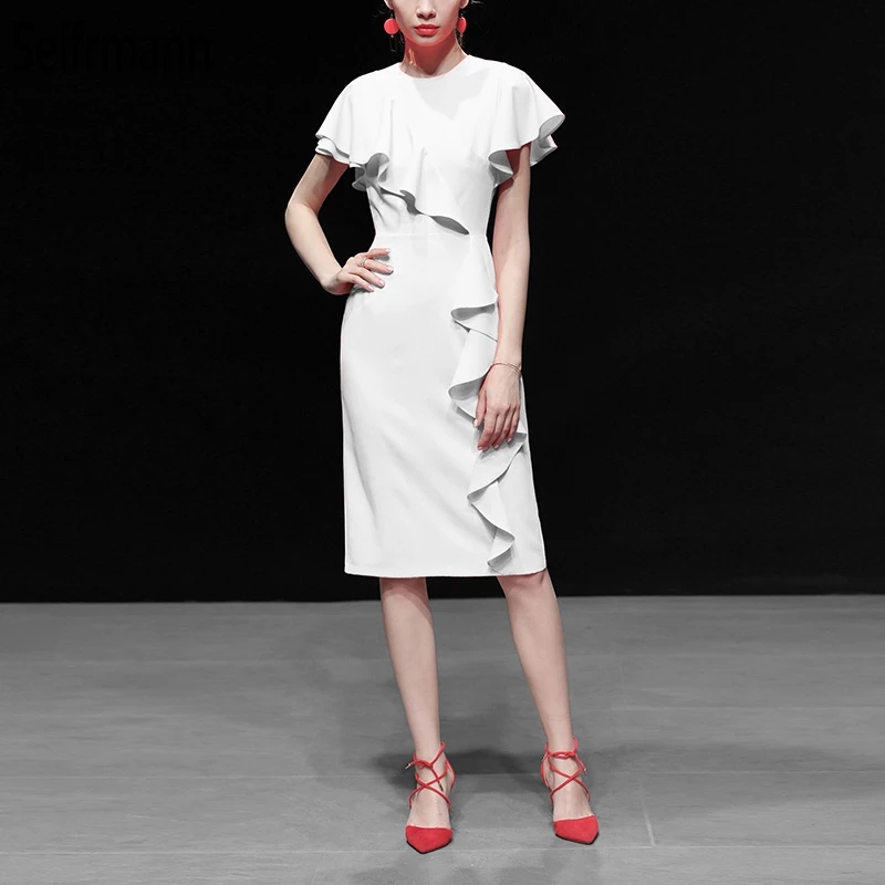 

Seifrmann New 2019 Women Spring Summer Dress Runway Fashion Designer Short Sleeve Ruffles Elegant Slim Ladies Mid Dresses