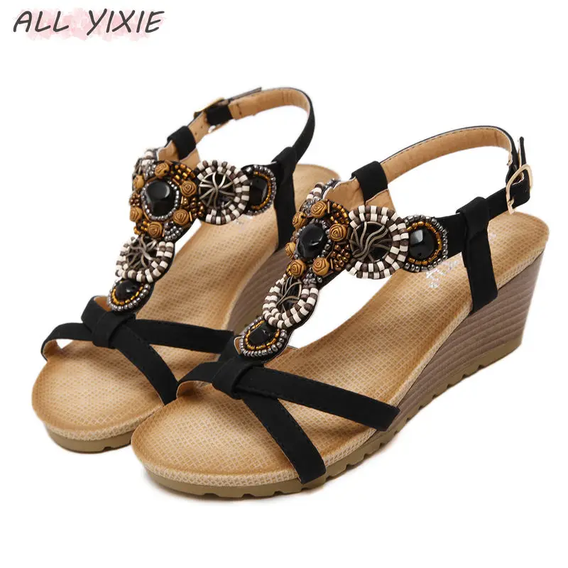 

ALL YIXIE 2019 New Summer Bohemia Wedge Women Sandals Vintage Rhinestone Woman Flip Flops Beach High Heels Open Toe Women Shoes