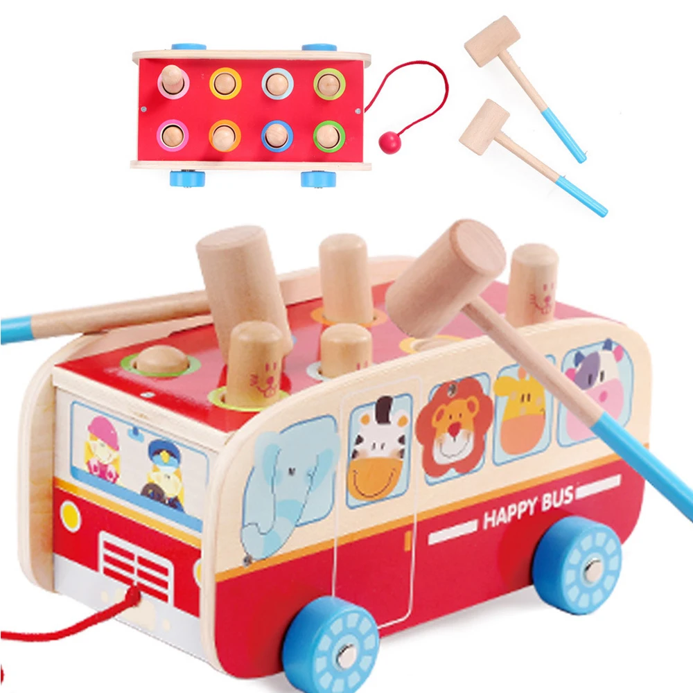 

Musical Toys Kids Toys For Newborns Wooden Educational Toy Multifunctional Drag Bus Toy Hammer Game Early Learning Dragging Gift
