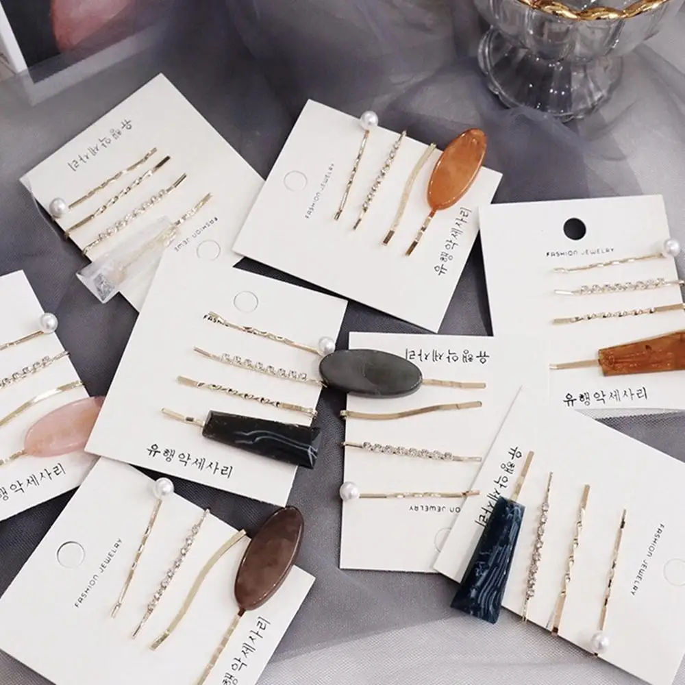 

M MISM 2019 Korean Style Women Hair Clips Resin Pearl Rhinestone Hairpins Set Ellipse Rectangle Side Clip Girls Hair Accessories