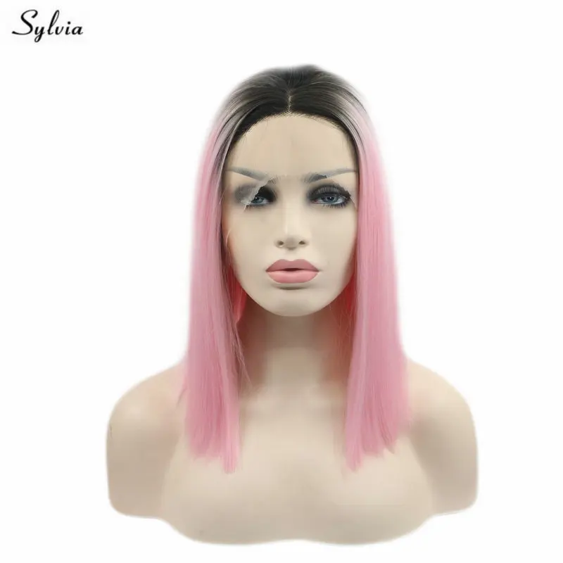 Sylvia Heat Resistant Fiber Dark Roots Pink Wig Short Straight Bob Synthetic Lace Front For Women Cosplay Middle Part | Шиньоны и