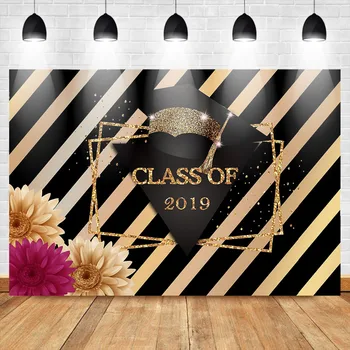 

Mehofoto Class of 2019 Graduation Prom Party Photography Backdrops Black Gold Stripes Backgrounds Floral Photo Backdrops