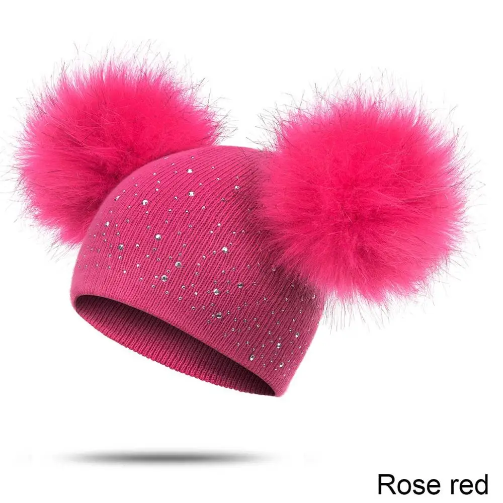 Милые помпоны, детские зимние шапки для девочек и мальчиков, теплые шапочки, яркая шапка из искусственного меха, осенне-зимние детские шапки, модная шапочка - Цвет: rose red