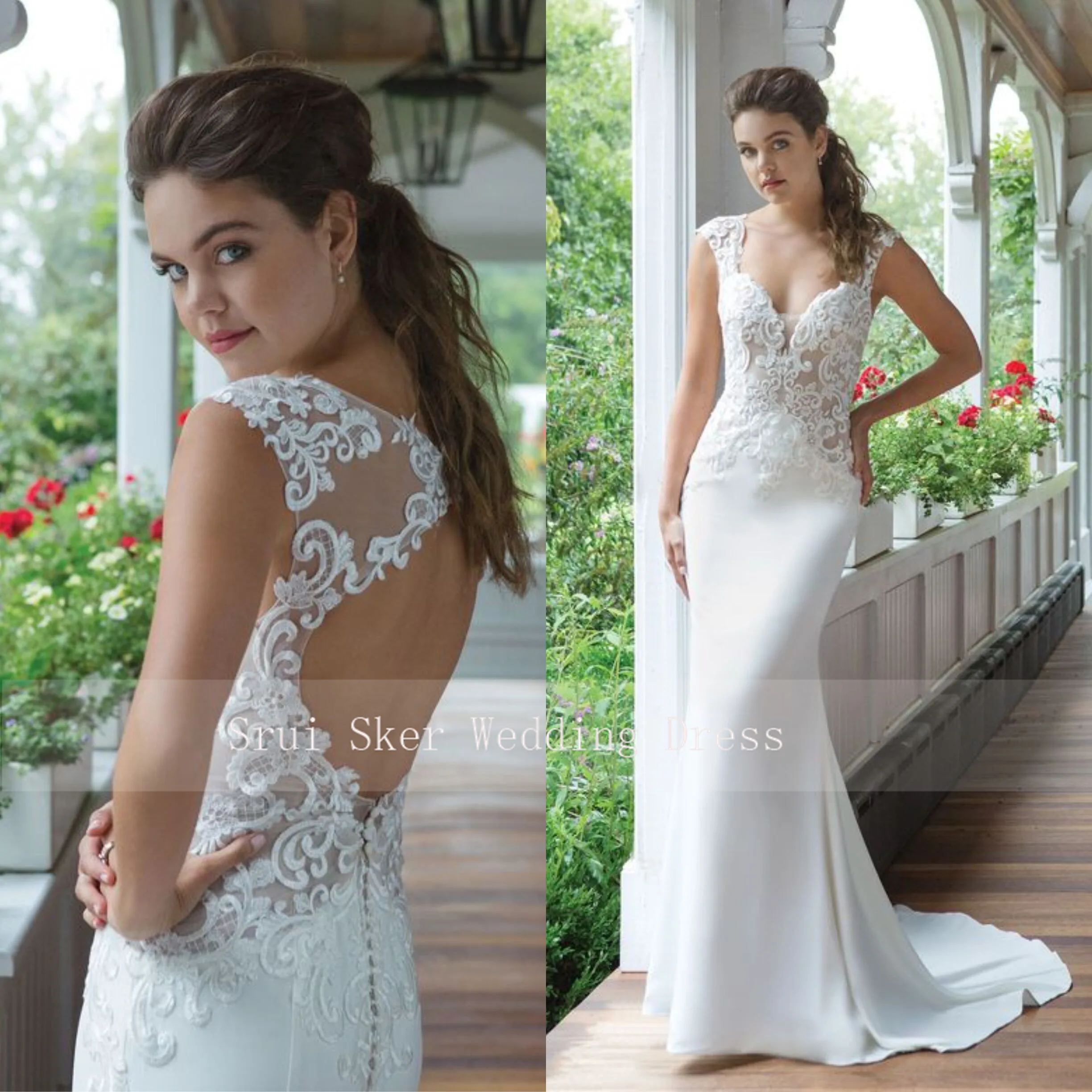 

New Elegant White Wedding Dresses Sheath Fit and Flare Crepe Gown with Illusion Lace Bodice Vestidos de novia Vintage