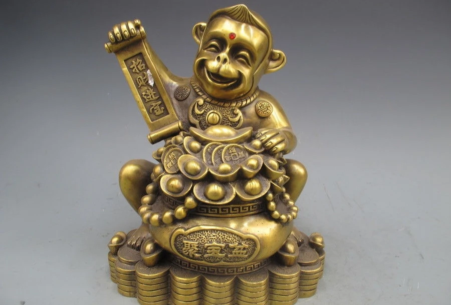 

Chinese Bronze Copper YuanBao Coin Attract Wealth Bowl Monkey Animal Statue a 0518