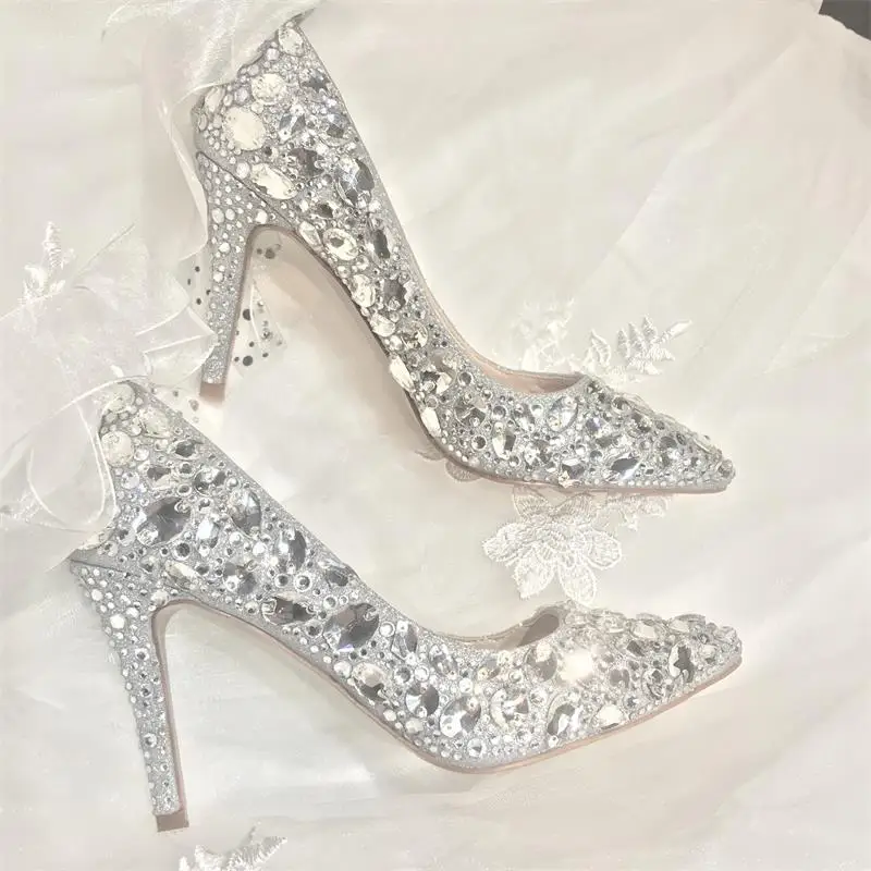 

Bride Wedding Dress Pumps with Lace luxury shoes rhinestone Woman High Heels 7/9CM Pointed Toe Stiletto Silver Bridesmaid 34-39