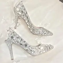 Bride Wedding Dress Pumps with Lace luxury shoes rhinestone Woman High Heels 7/9CM Pointed Toe Stiletto Silver Bridesmaid 34-39 white lace flower bride dress shoes pointed toe stiletto middle heel wedding party shoes with ankle strap bridesmaid pumps