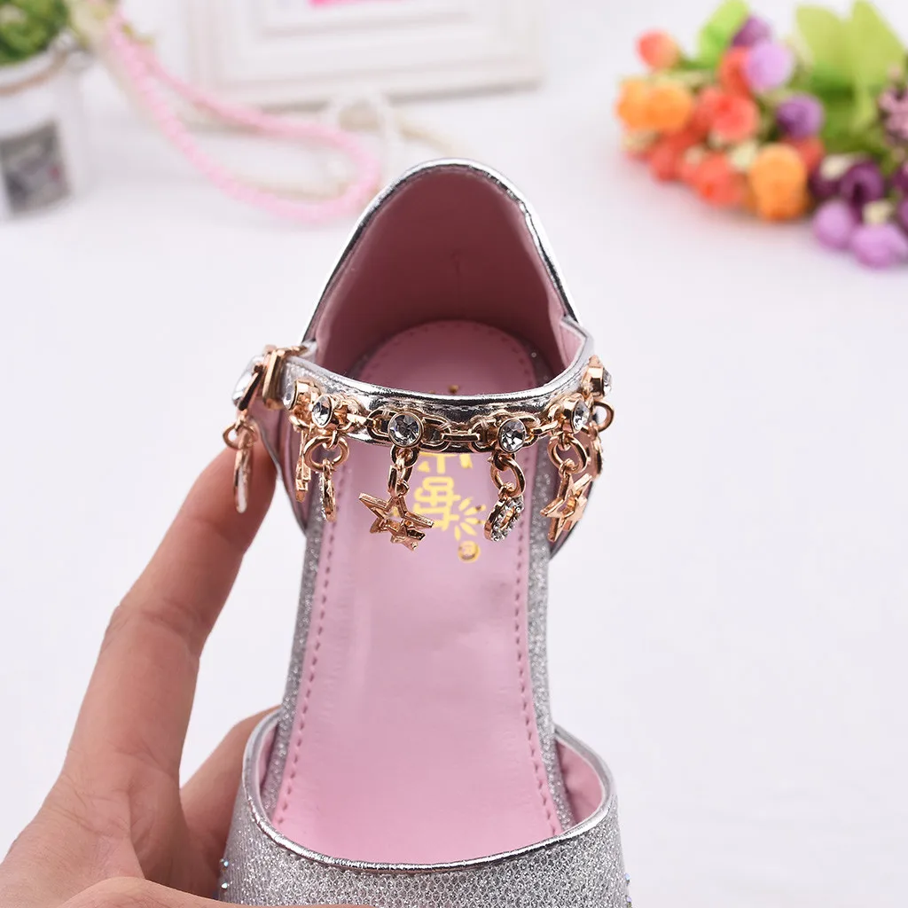 Обувь принцессы для маленьких девочек с блестящими стразами; босоножки на квадратном каблуке; детская обувь; обувь принцессы для девочек