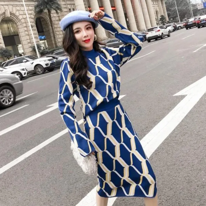 

HAMALIEL Autumn Winter Women Geometric Pattern Knitted Sweater Suits 2 Piece set + Elastic Waist Knee Bodycon Pencil Skirts Set