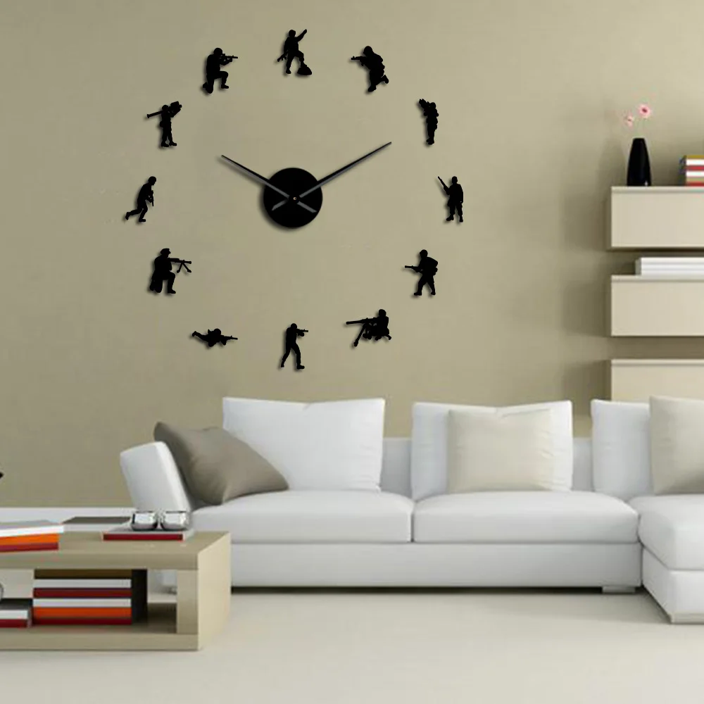  Soldiers Military Wall Art Stickers DIY Large Wall Clock Veteran Army Home Decor Frameless Wall Wat