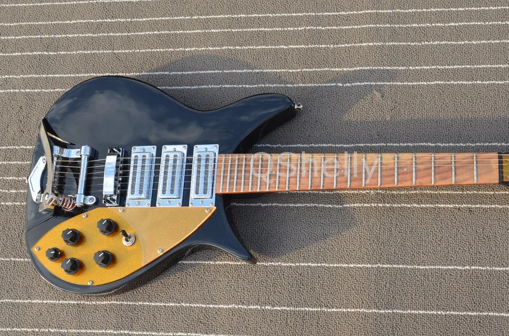 

top quality QShelly custom black RK 325 330 model 3 pickups gold pickguard Rick 21 frets electric guitar musical instrument shop