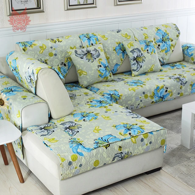 Pastoral yellow blue floral print quilted sofa cover chair couch