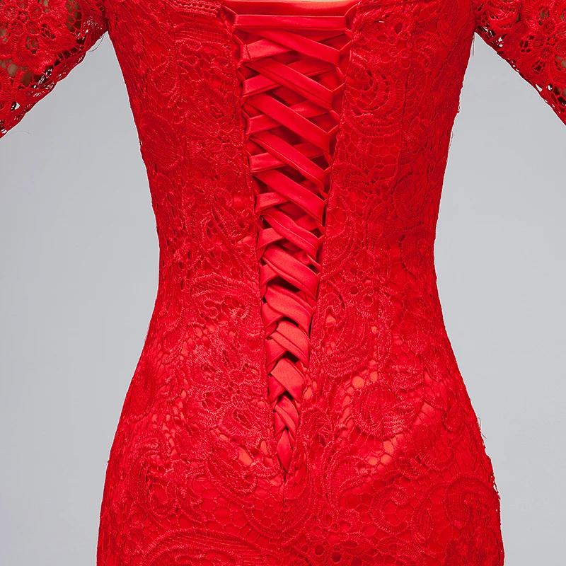 DongCMY Luxury bridal red Color 2019 Evening dress long formal neckline Lace bandage medium sleeve Women Gown Party Dresses DongCMY Luxury bridal red Color 2019 Evening dress long formal neckline Lace bandage medium sleeve Women Gown Party Dresses