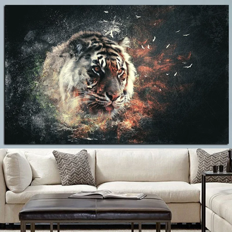 

HD Print 3D Tiger in Fire Animals Oil Painting on Canvas Pop Art Modern Wall Picture for Living Room Poster Sofa Cudros Decor
