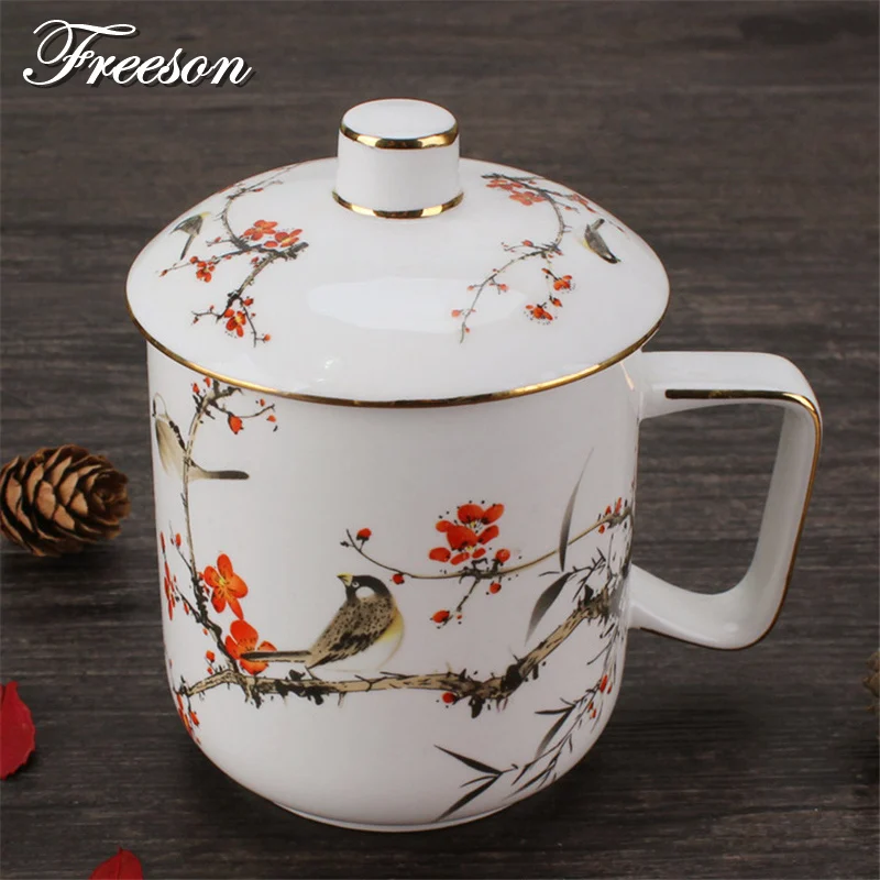Pastorale Bone China Tea Mug with Lid Retro Porcelain Coffee Mug 400ml Ceramic Tumbler Office