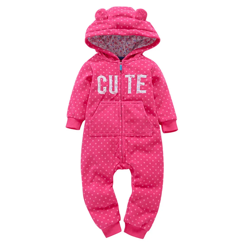 

Winter warm cute Hot pink baby girl clothes Infant Baby Girls Thicker Print Hooded Romper Jumpsuit Outfit Kid Clothes gift zk25