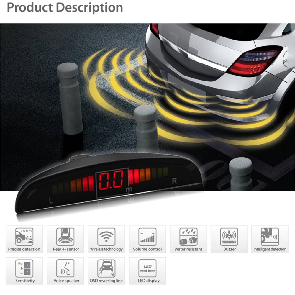 Car Auto Reverse Assistance Backup Radar System with 4 Parking Sensors Distance Detection + LED Distance Display + Sound Warning